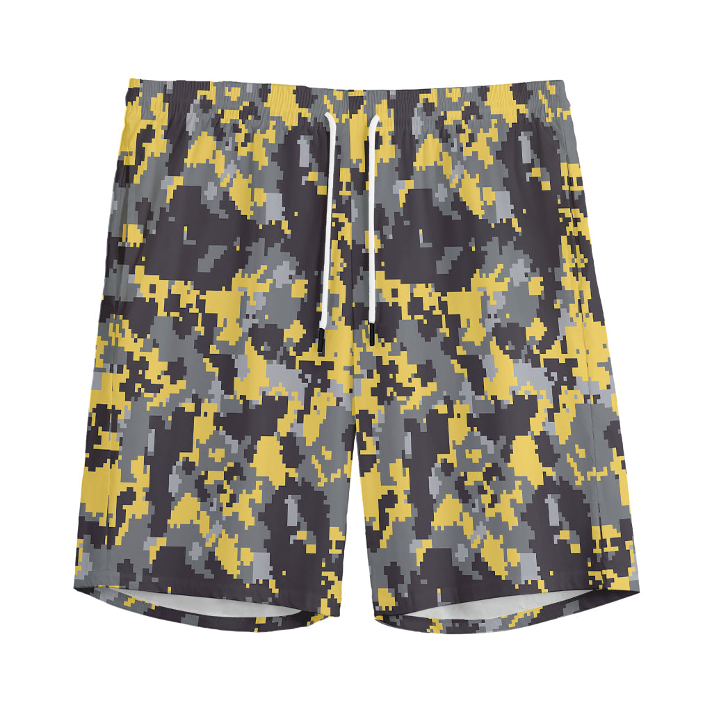 Yellow Black And Grey Digital Camo Print Men's Athletic Shorts
