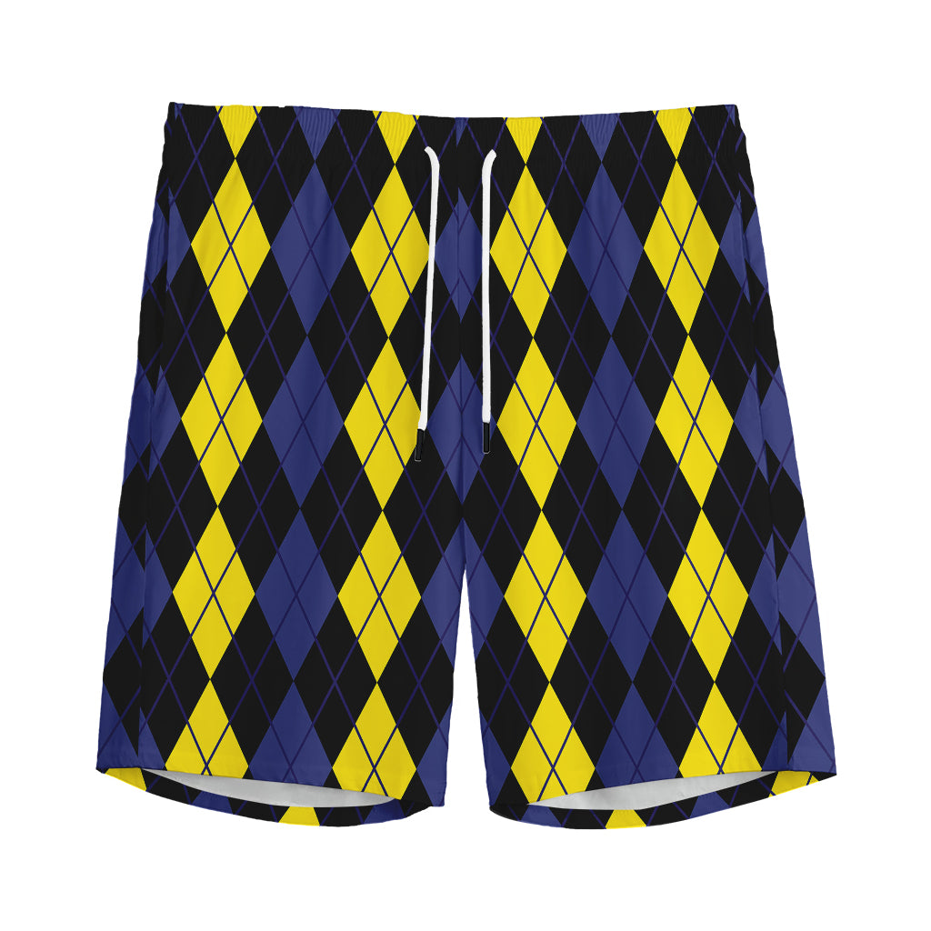 Yellow Black And Blue Argyle Print Men's Athletic Shorts