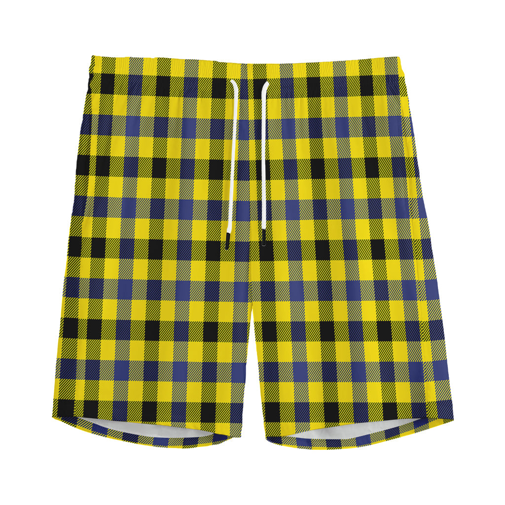 Yellow Black And Navy Plaid Print Men's Athletic Shorts