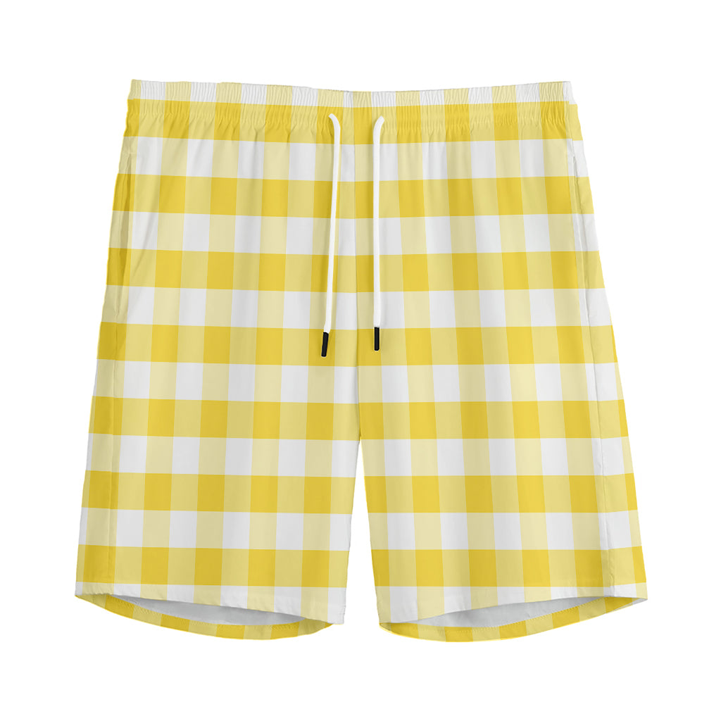 Yellow And White Gingham Pattern Print Men's Athletic Shorts