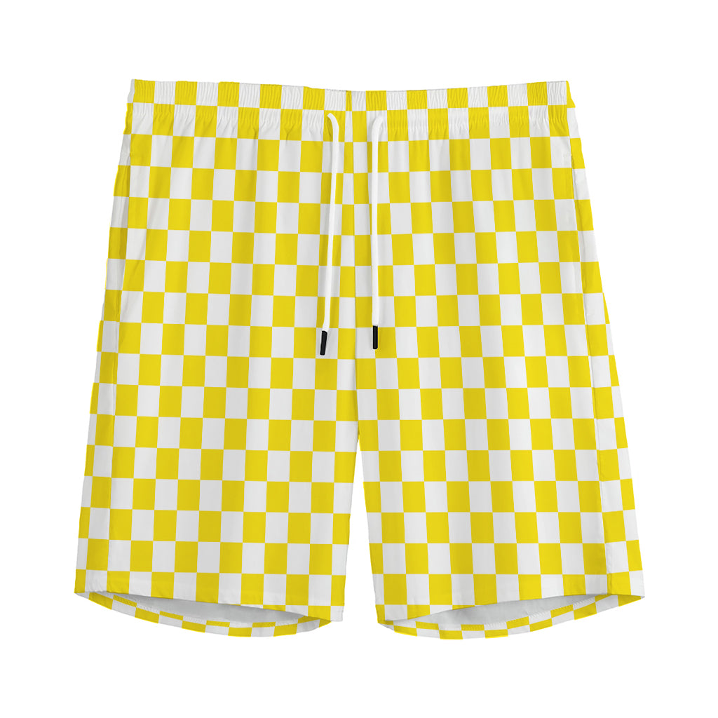 Yellow And White Checkered Pattern Print Men's Athletic Shorts