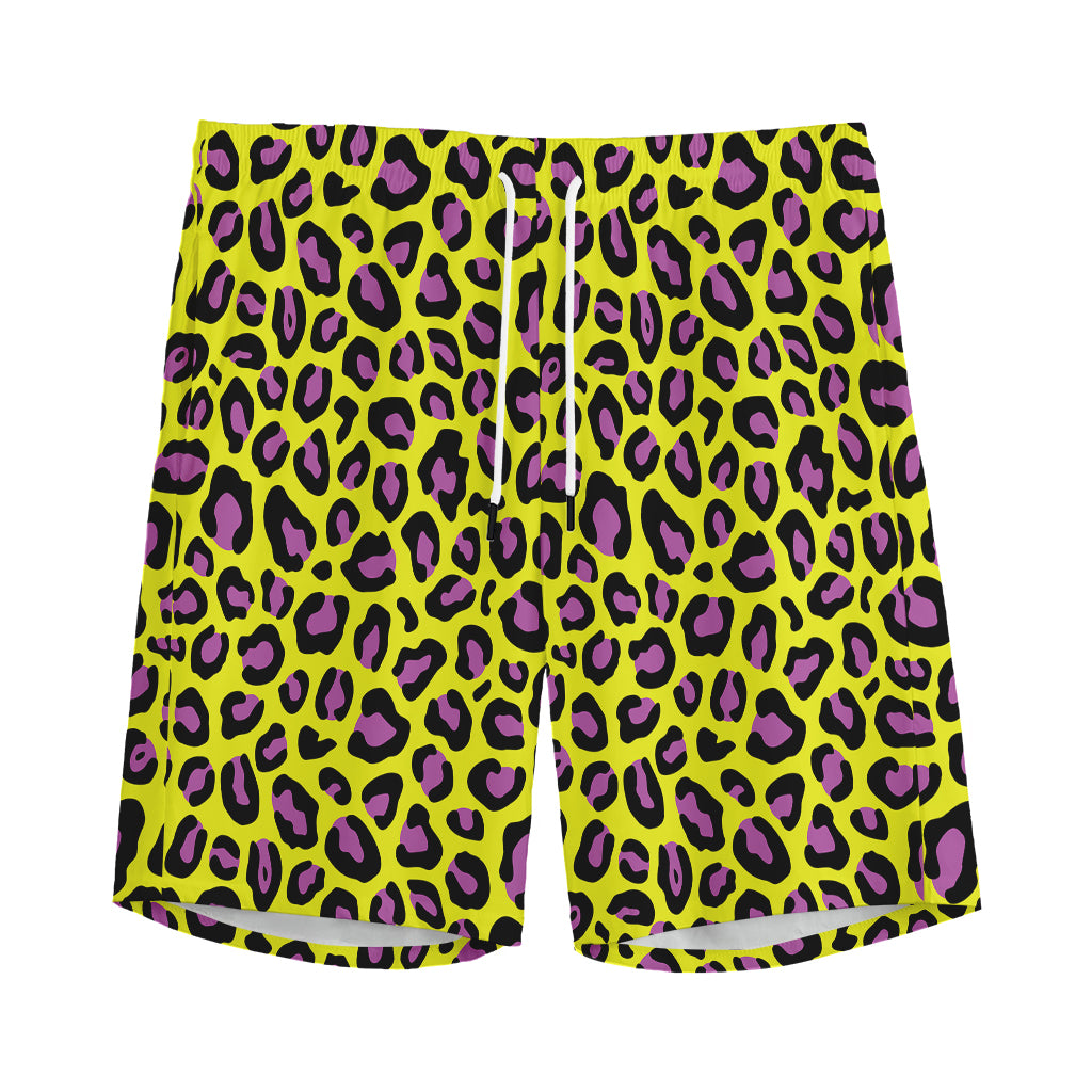 Yellow And Purple Leopard Pattern Print Men's Athletic Shorts