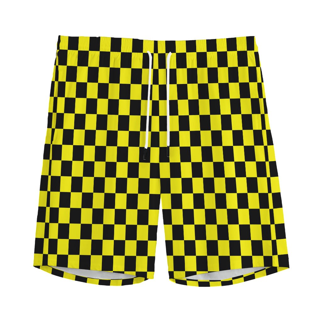 Yellow And Black Checkered Pattern Print Men's Athletic Shorts