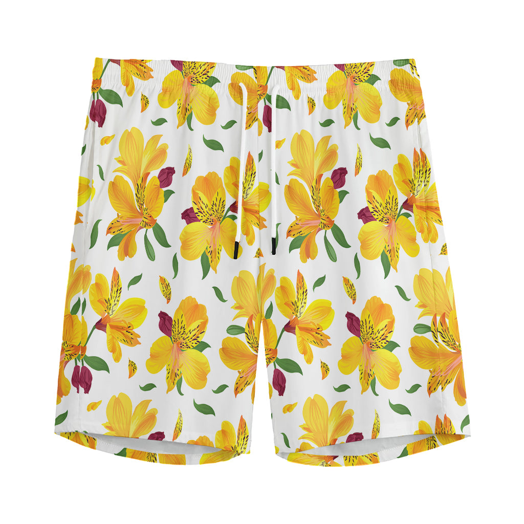 Yellow Alstroemeria Pattern Print Men's Athletic Shorts