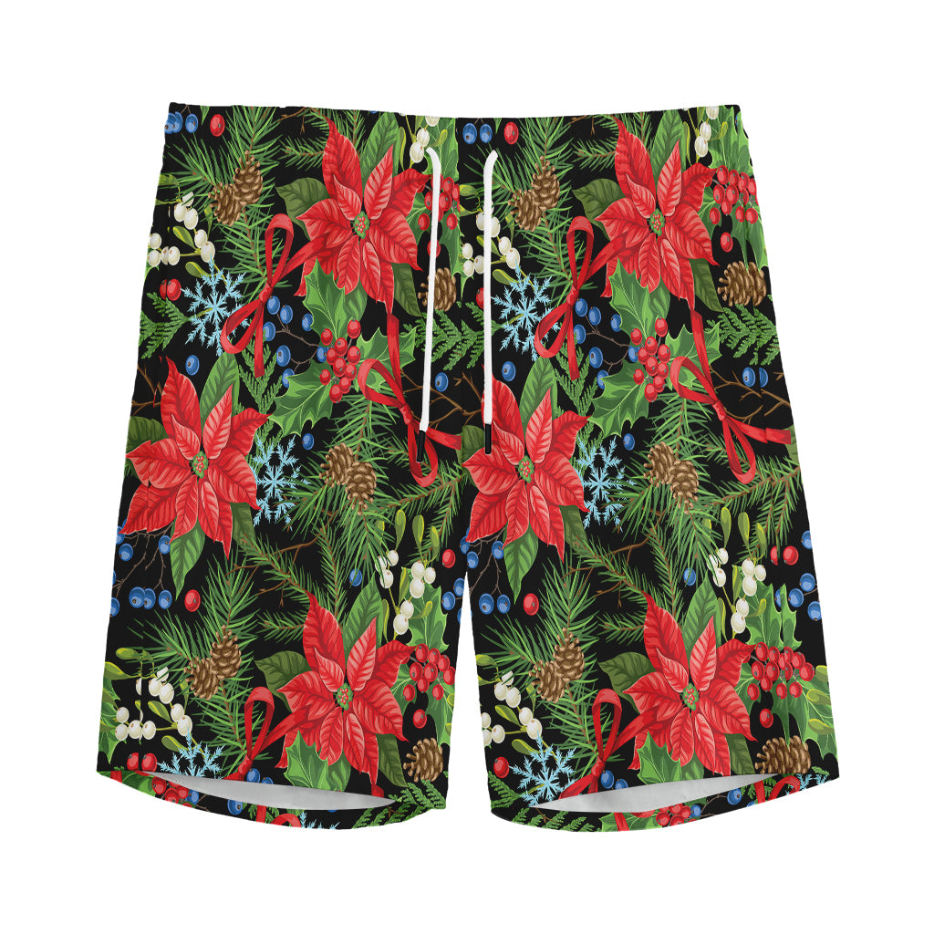 Xmas Poinsettia Pattern Print Men's Athletic Shorts